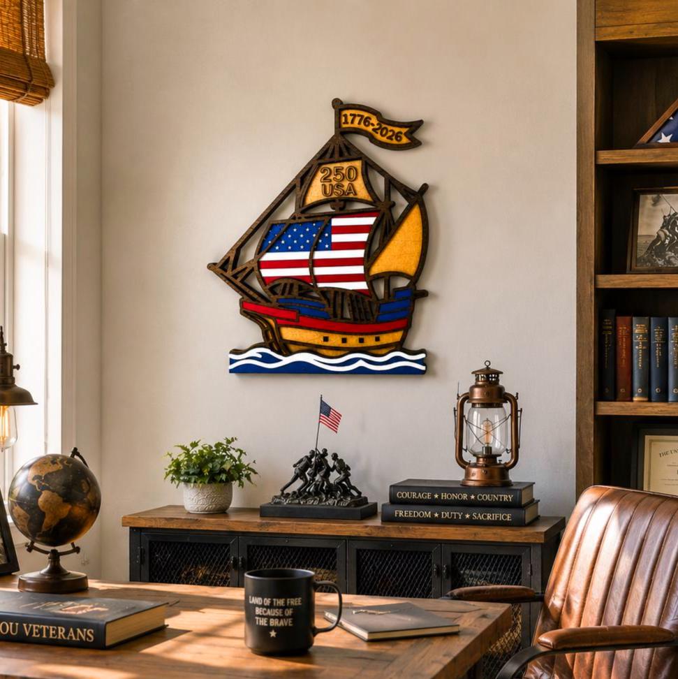 1776–2026 Patriotic Wooden Ship Sign | USA 250 Anniversary Wall Decor | Layered American Flag Ship | Military & Veteran Gift | Patriotic Wall Art
