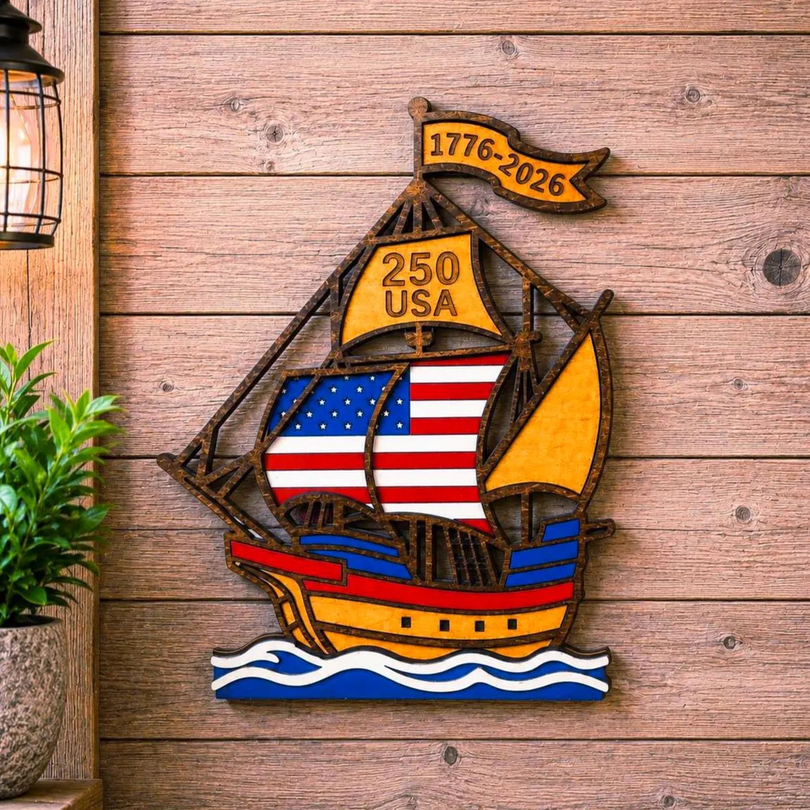 1776–2026 Patriotic Wooden Ship Sign | USA 250 Anniversary Wall Decor | Layered American Flag Ship | Military & Veteran Gift | Patriotic Wall Art