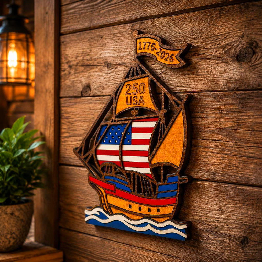 1776–2026 Patriotic Wooden Ship Sign | USA 250 Anniversary Wall Decor | Layered American Flag Ship | Military & Veteran Gift | Patriotic Wall Art