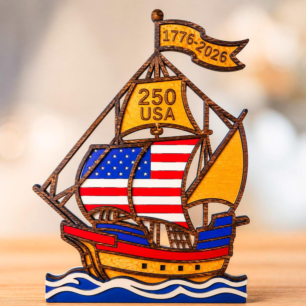 1776–2026 Patriotic Wooden Ship Sign | USA 250 Anniversary Wall Decor | Layered American Flag Ship | Military & Veteran Gift | Patriotic Wall Art