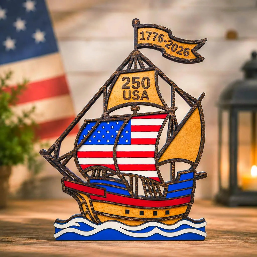 1776–2026 Patriotic Wooden Ship Sign | USA 250 Anniversary Wall Decor | Layered American Flag Ship | Military & Veteran Gift | Patriotic Wall Art