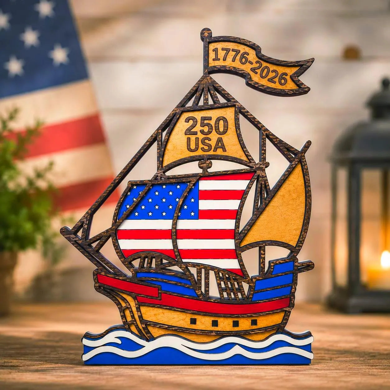 1776–2026 Patriotic Wooden Ship Sign | USA 250 Anniversary Wall Decor | Layered American Flag Ship | Military & Veteran Gift | Patriotic Wall Art