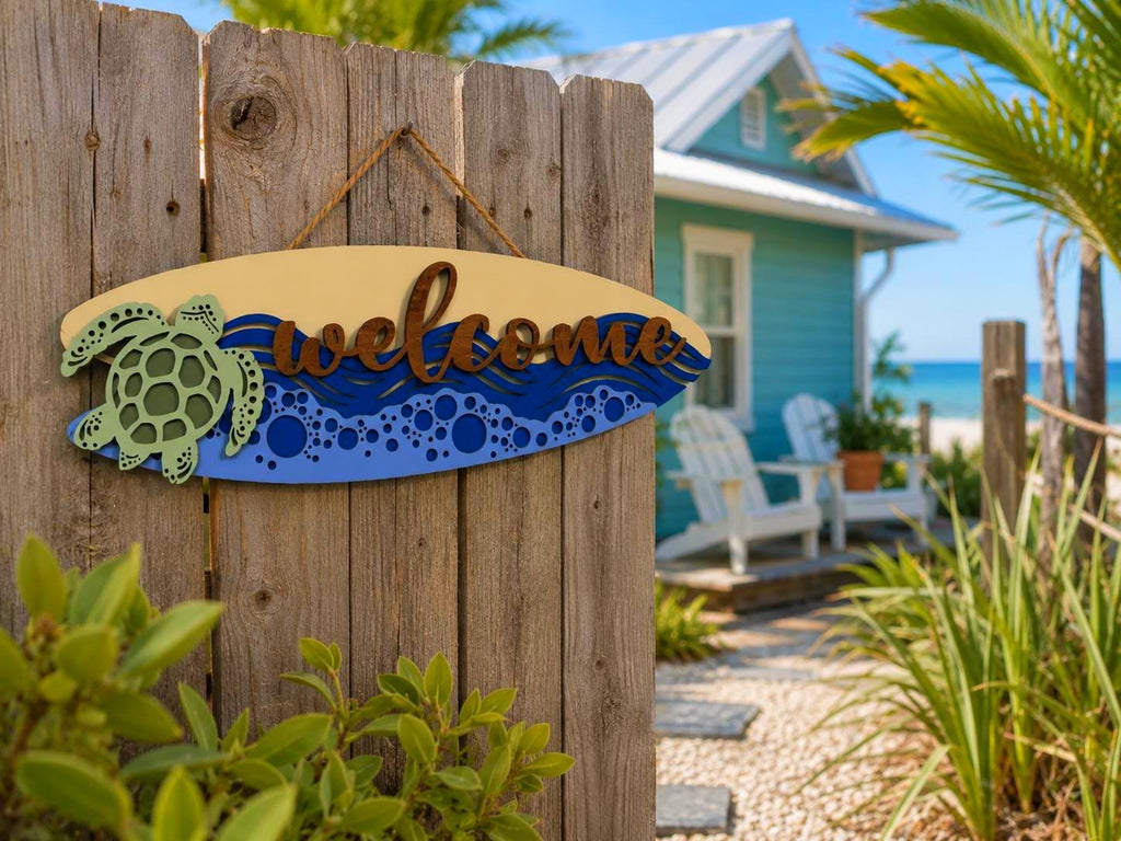 Coastal Sea Turtle Welcome Surfboard Sign | Layered Beach House Wall Decor Handmade 3D Wood Decor