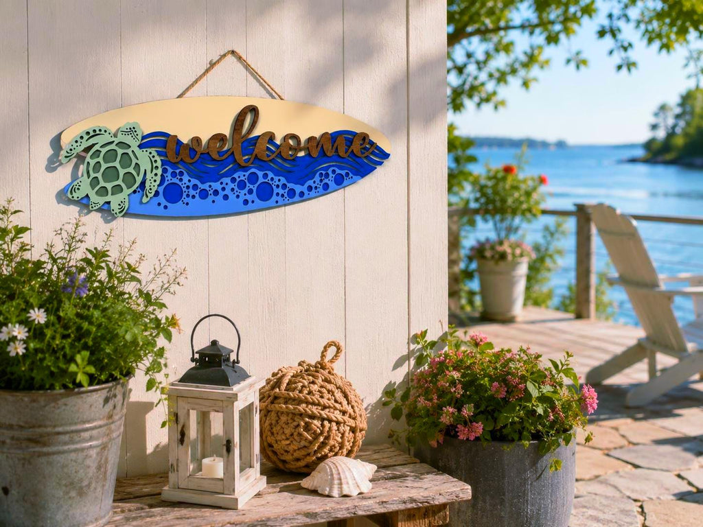 Coastal Sea Turtle Welcome Surfboard Sign | Layered Beach House Wall Decor Handmade 3D Wood Decor