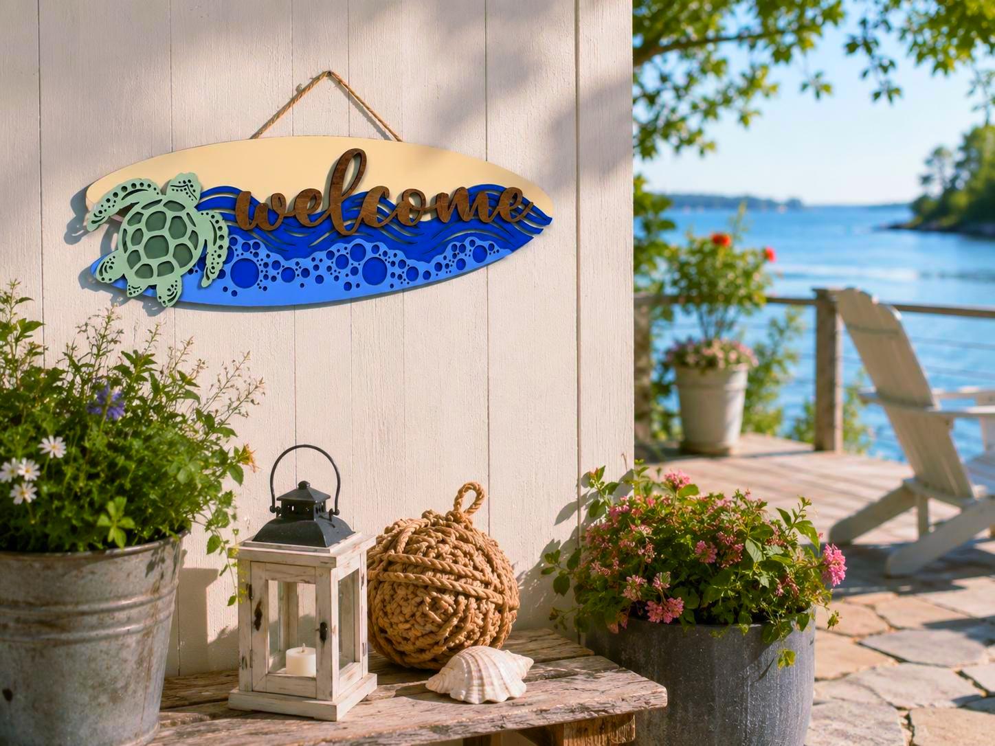 Coastal Sea Turtle Welcome Surfboard Sign | Layered Beach House Wall Decor Handmade 3D Wood Decor