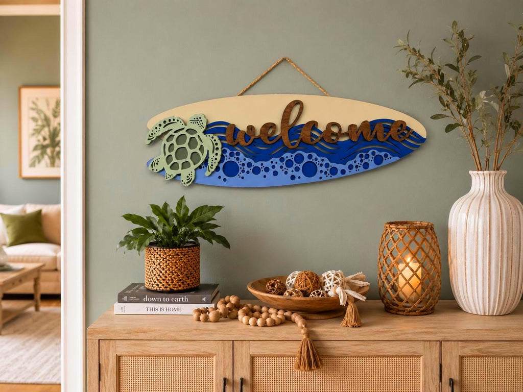 Coastal Sea Turtle Welcome Surfboard Sign | Layered Beach House Wall Decor Handmade 3D Wood Decor