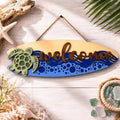 Coastal Sea Turtle Welcome Surfboard Sign | Layered Beach House Wall Decor Handmade 3D Wood Decor