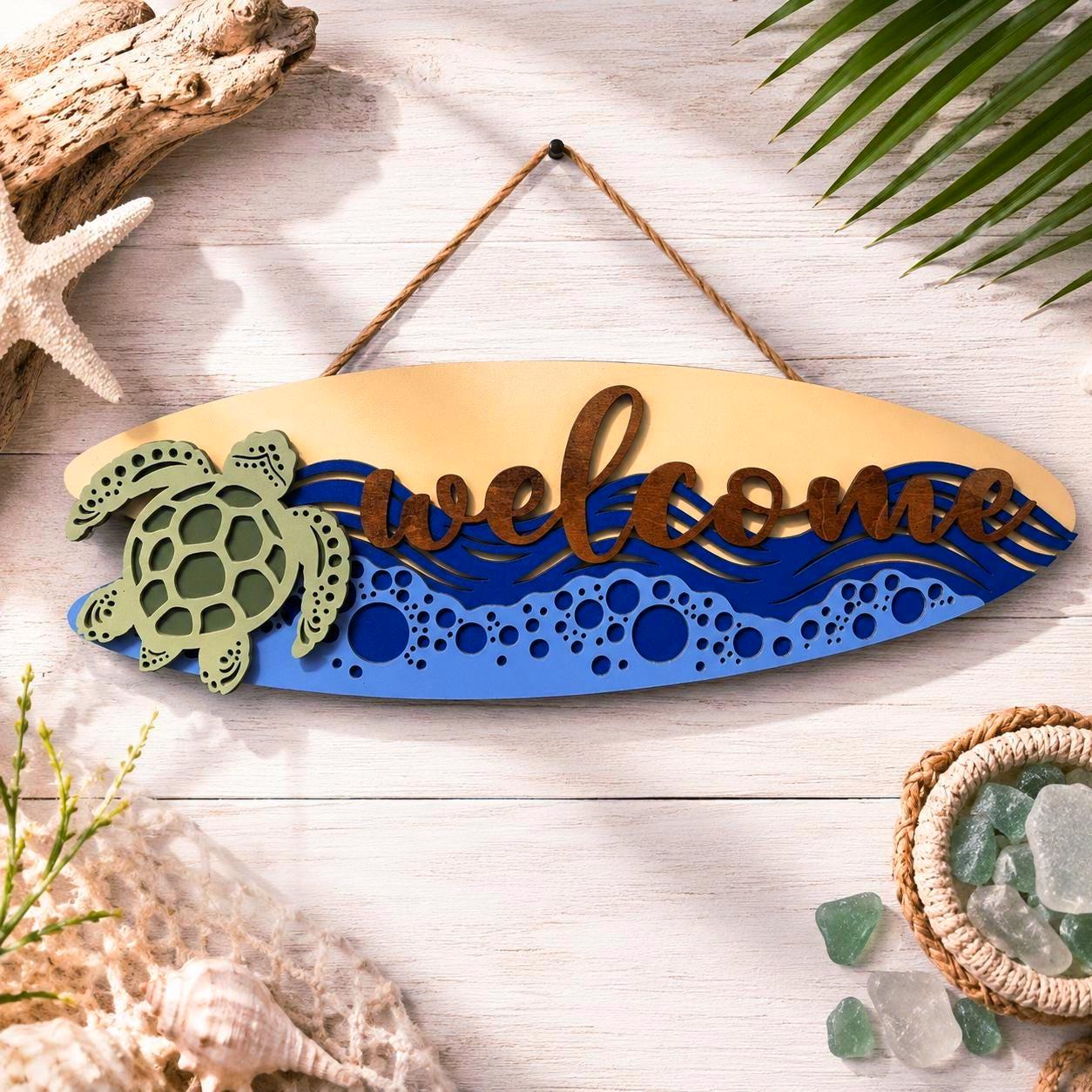 Coastal Sea Turtle Welcome Surfboard Sign | Layered Beach House Wall Decor Handmade 3D Wood Decor