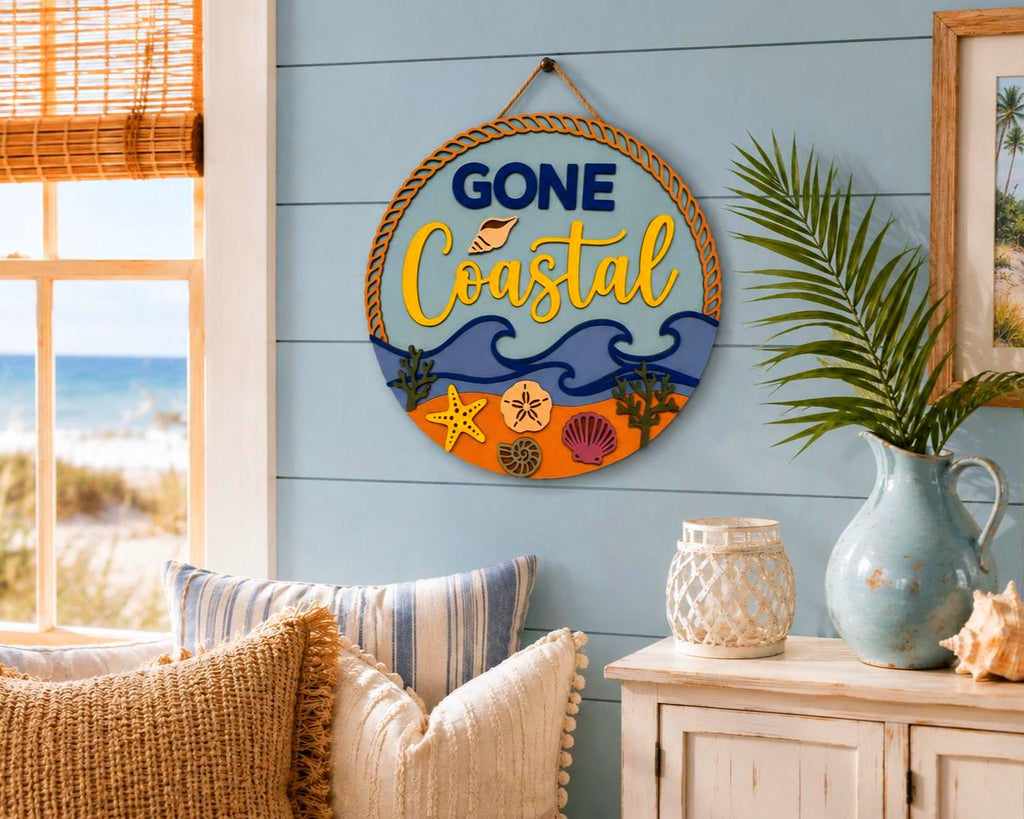 Gone Coastal Layered Wood Beach Sign | Coastal Wall Decor | Beach House Door Hanger | Nautical Summer Decor Handmade 3D Wood Decor