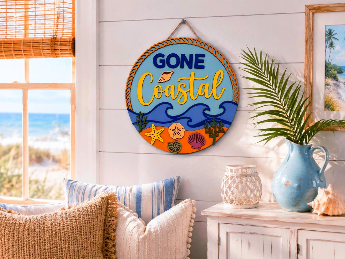 Gone Coastal Layered Wood Beach Sign | Coastal Wall Decor | Beach House Door Hanger | Nautical Summer Decor Handmade 3D Wood Decor