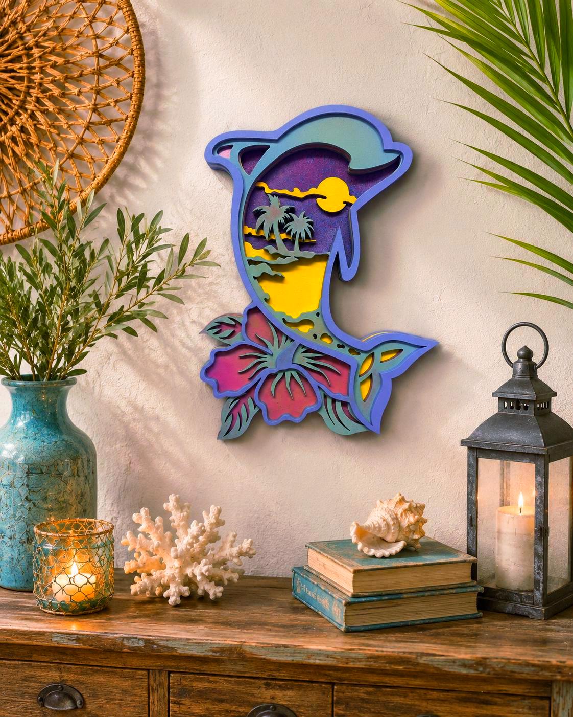 Island Sunset Dolphin | Layered Tropical Coastal Wood Wall Art | Handmade Beach House Decor Handmade 3D Wood Decor