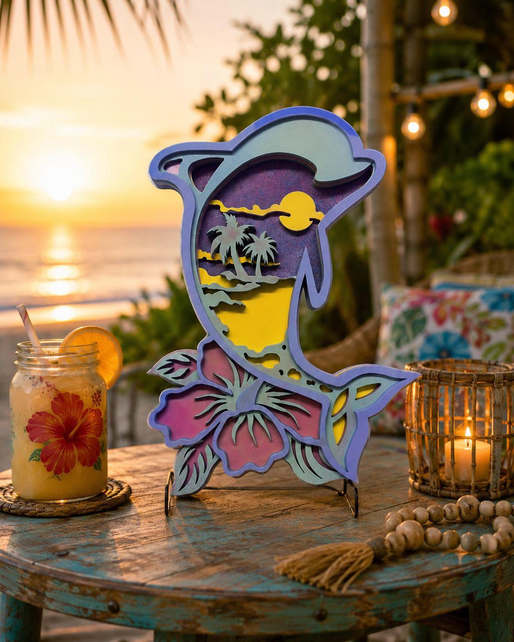 Island Sunset Dolphin | Layered Tropical Coastal Wood Wall Art | Handmade Beach House Decor Handmade 3D Wood Decor