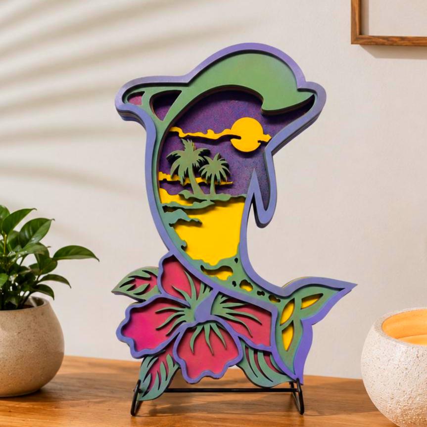 Island Sunset Dolphin | Layered Tropical Coastal Wood Wall Art | Handmade Beach House Decor Handmade 3D Wood Decor