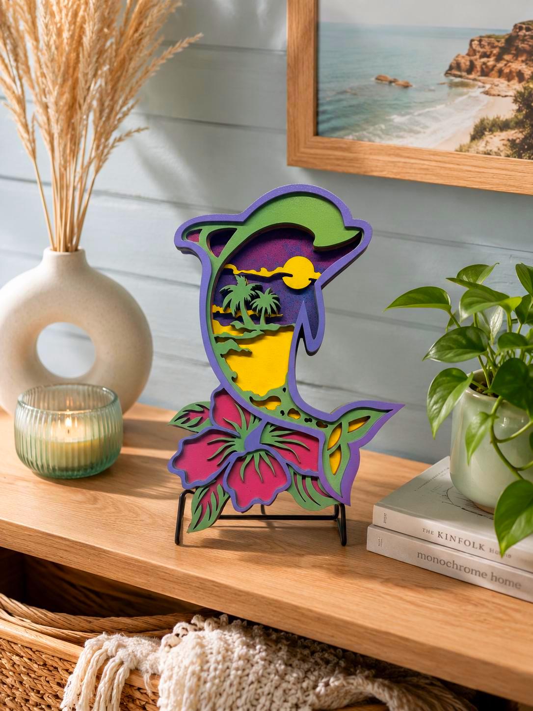 Island Sunset Dolphin | Layered Tropical Coastal Wood Wall Art | Handmade Beach House Decor Handmade 3D Wood Decor