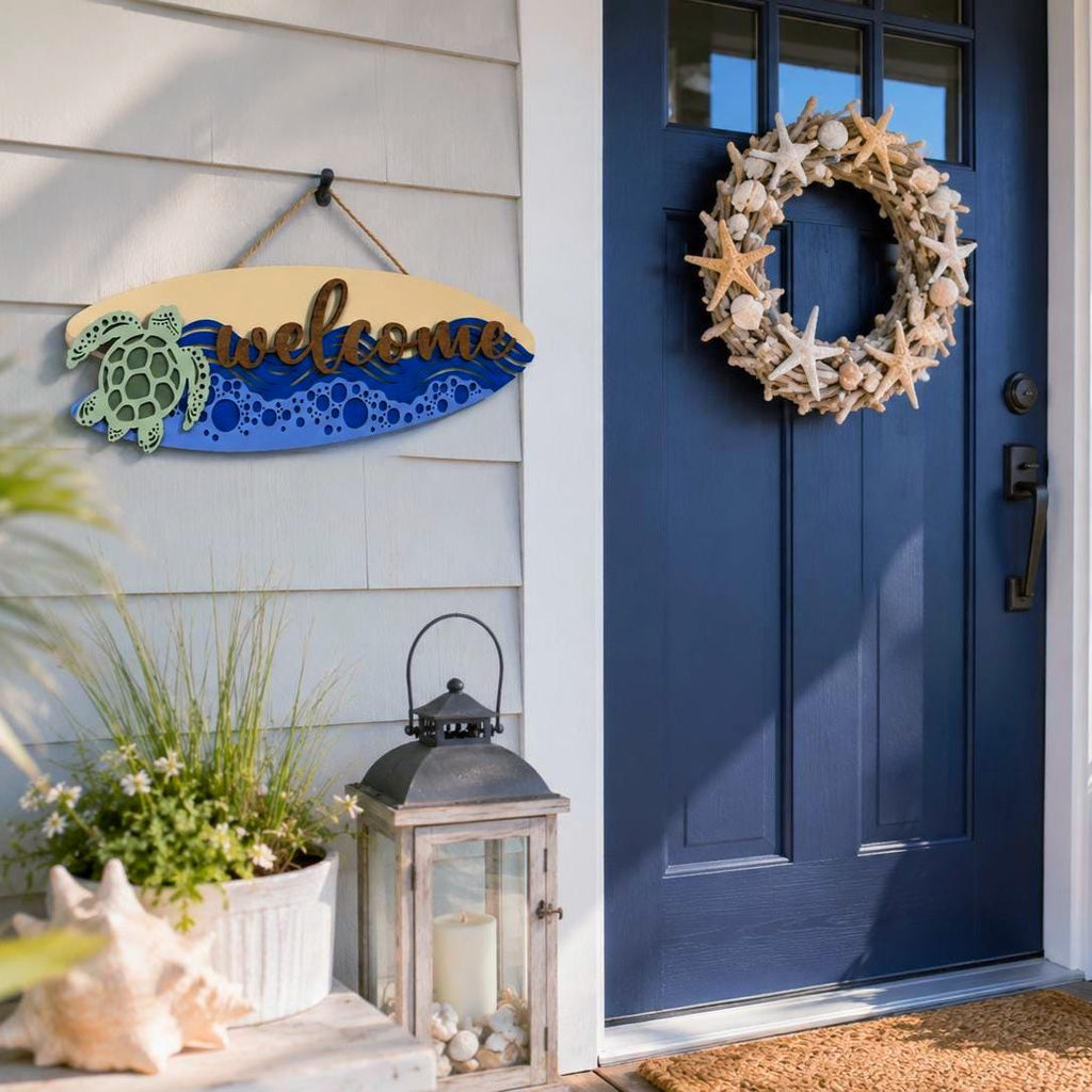 Coastal Sea Turtle Welcome Surfboard Sign | Layered Beach House Wall Decor Handmade 3D Wood Decor