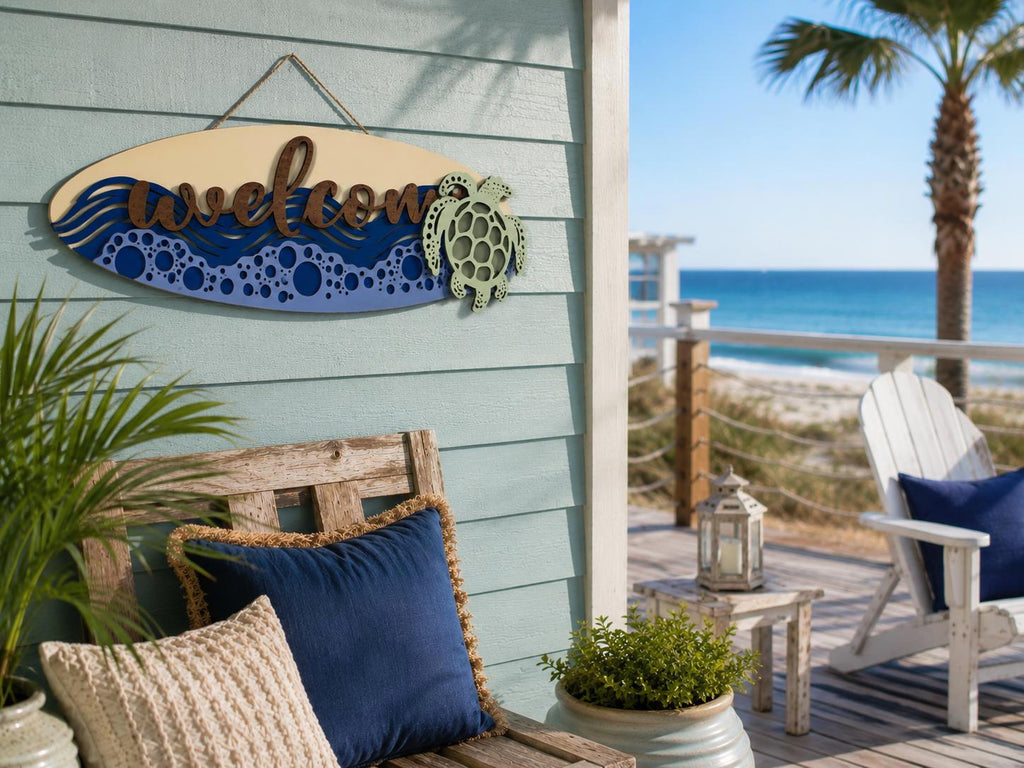 Coastal Sea Turtle Welcome Surfboard Sign | Layered Beach House Wall Decor Handmade 3D Wood Decor