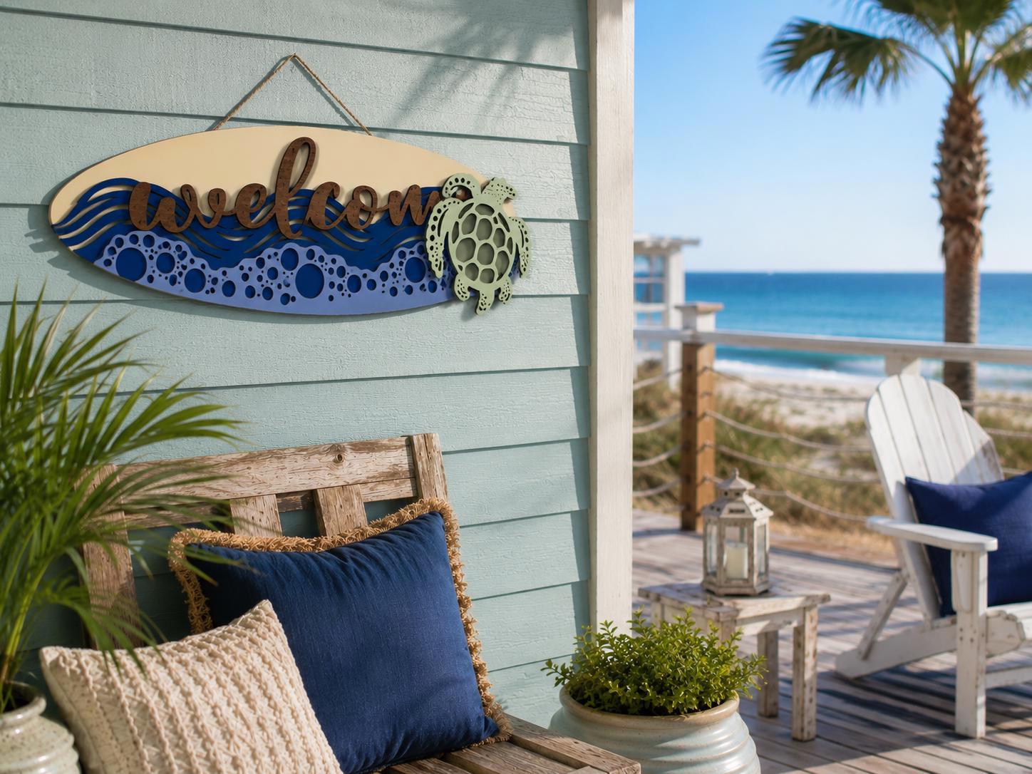 Coastal Sea Turtle Welcome Surfboard Sign | Layered Beach House Wall Decor Handmade 3D Wood Decor