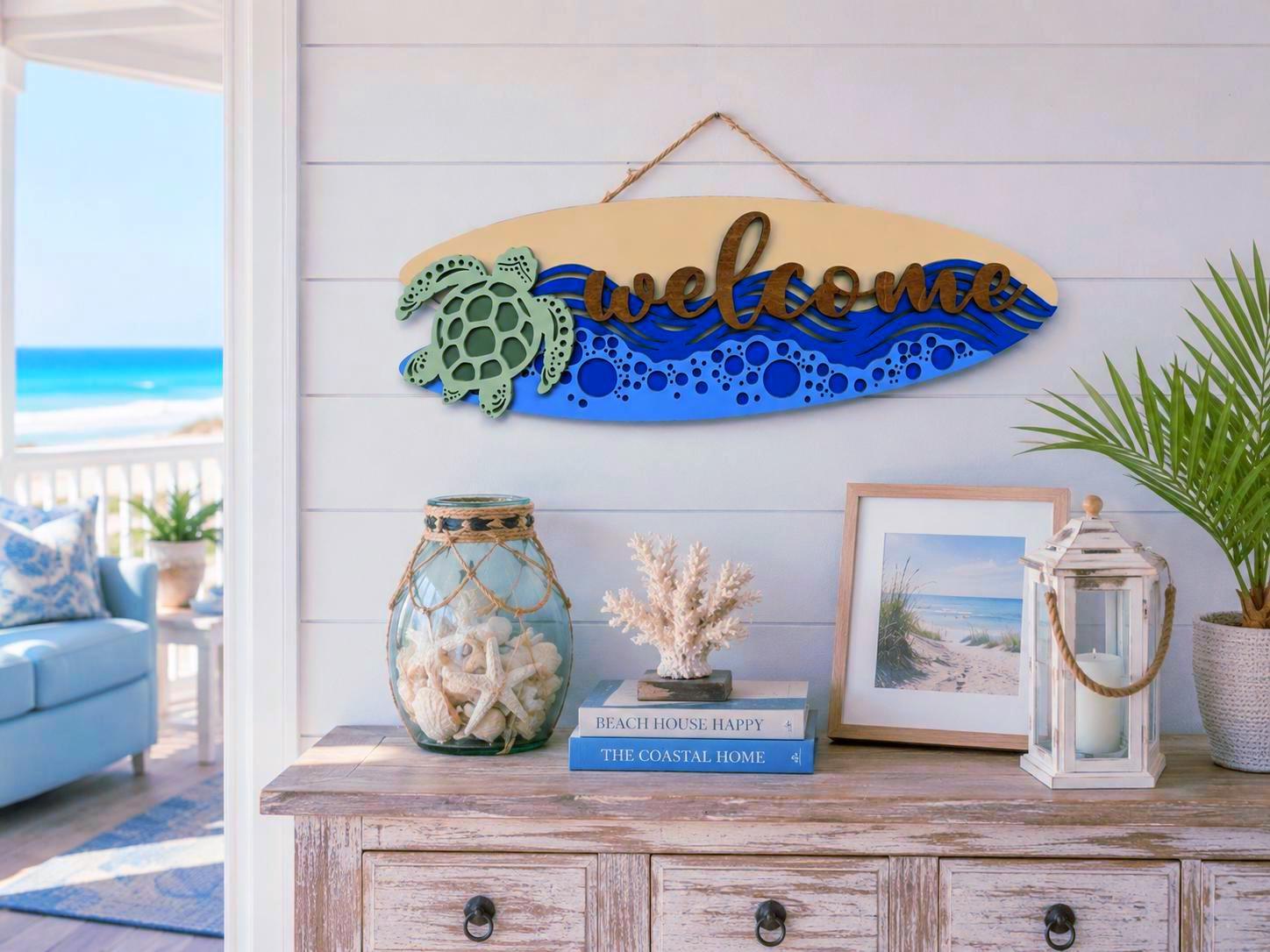 Coastal Sea Turtle Welcome Surfboard Sign | Layered Beach House Wall Decor Handmade 3D Wood Decor