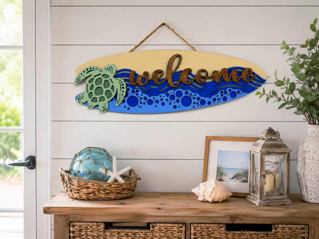 Coastal Sea Turtle Welcome Surfboard Sign | Layered Beach House Wall Decor Handmade 3D Wood Decor