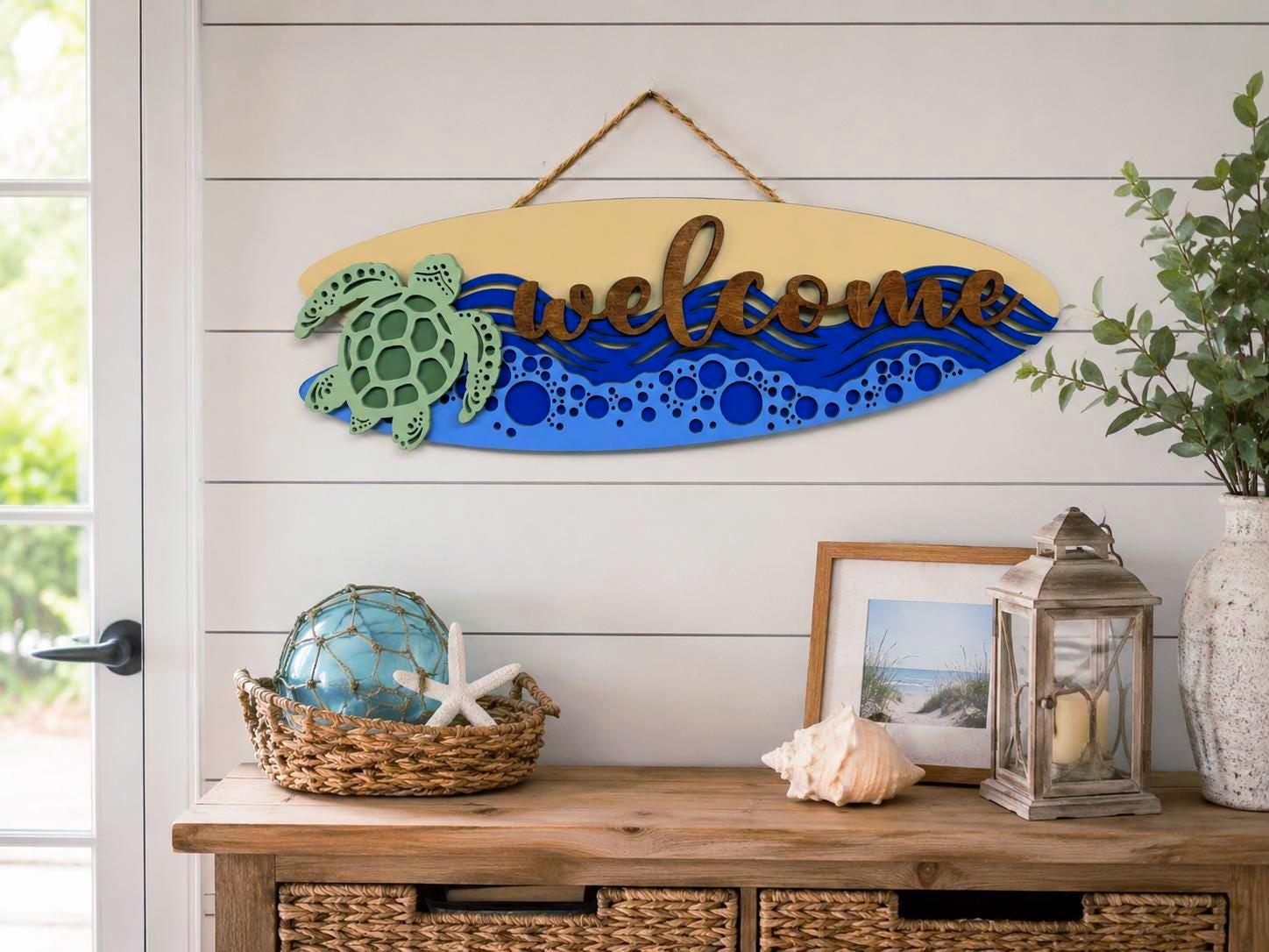 Coastal Sea Turtle Welcome Surfboard Sign | Layered Beach House Wall Decor Handmade 3D Wood Decor