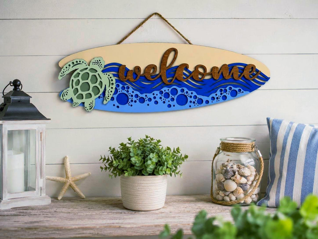 Coastal Sea Turtle Welcome Surfboard Sign | Layered Beach House Wall Decor Handmade 3D Wood Decor