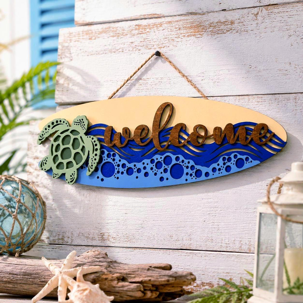 Coastal Sea Turtle Welcome Surfboard Sign | Layered Beach House Wall Decor Handmade 3D Wood Decor