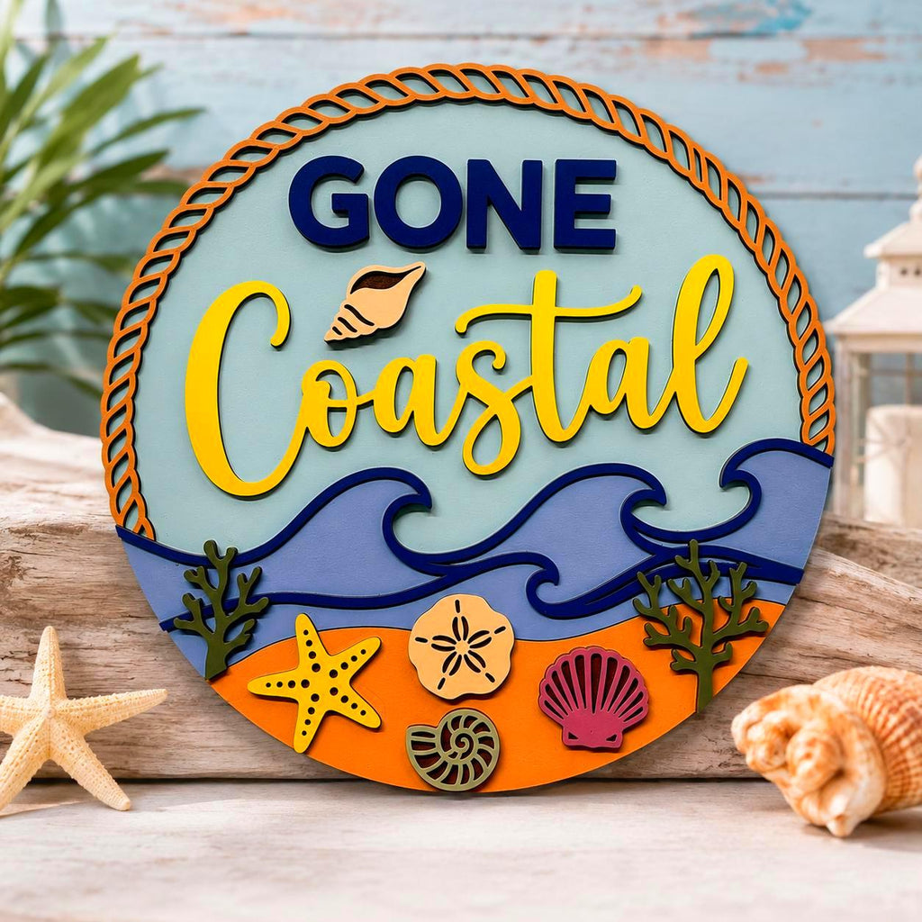 Gone Coastal Layered Wood Beach Sign | Coastal Wall Decor | Beach House Door Hanger | Nautical Summer Decor Handmade 3D Wood Decor