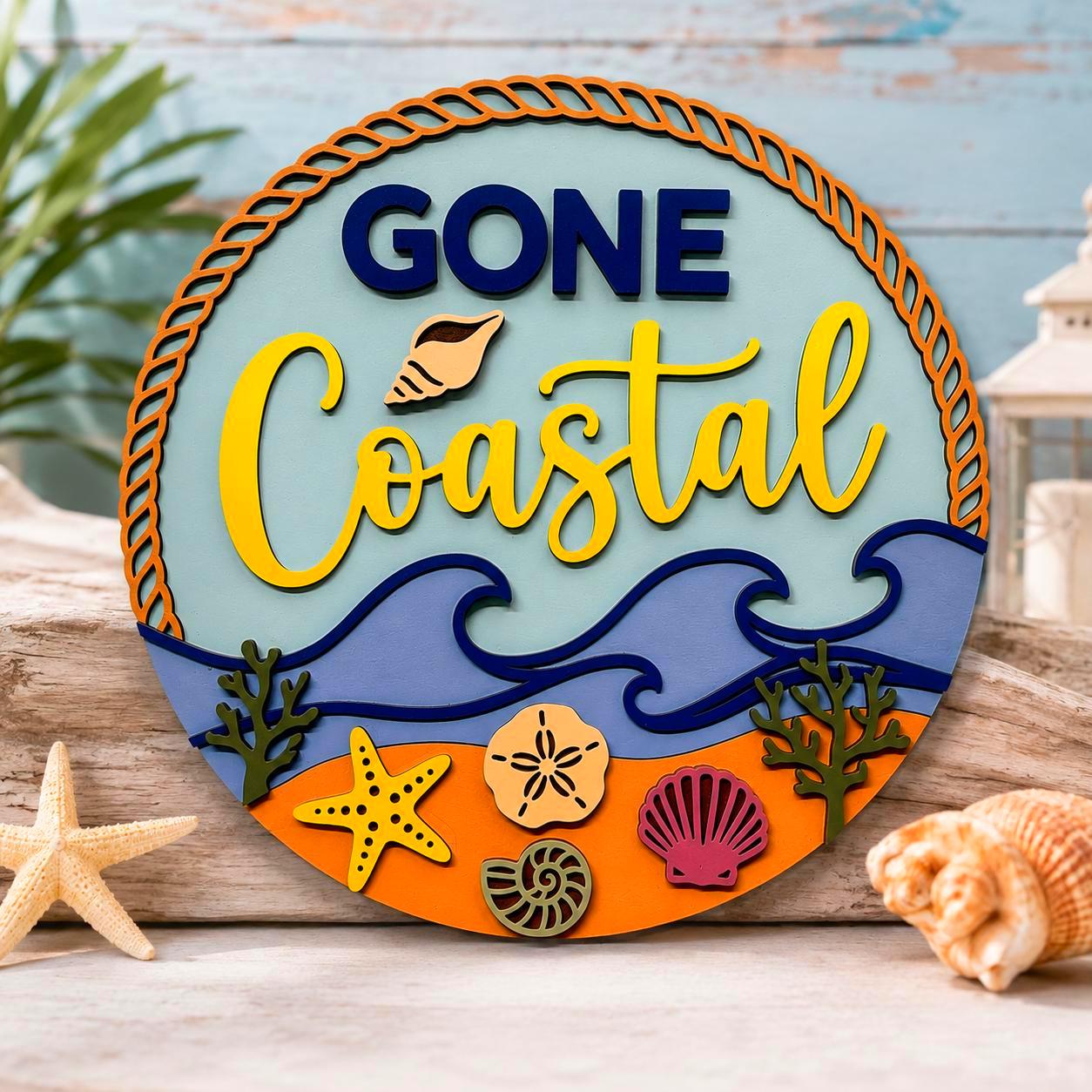 Gone Coastal Layered Wood Beach Sign | Coastal Wall Decor | Beach House Door Hanger | Nautical Summer Decor Handmade 3D Wood Decor