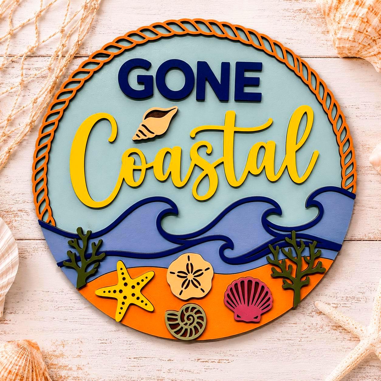 Gone Coastal Layered Wood Beach Sign | Coastal Wall Decor | Beach House Door Hanger | Nautical Summer Decor Handmade 3D Wood Decor