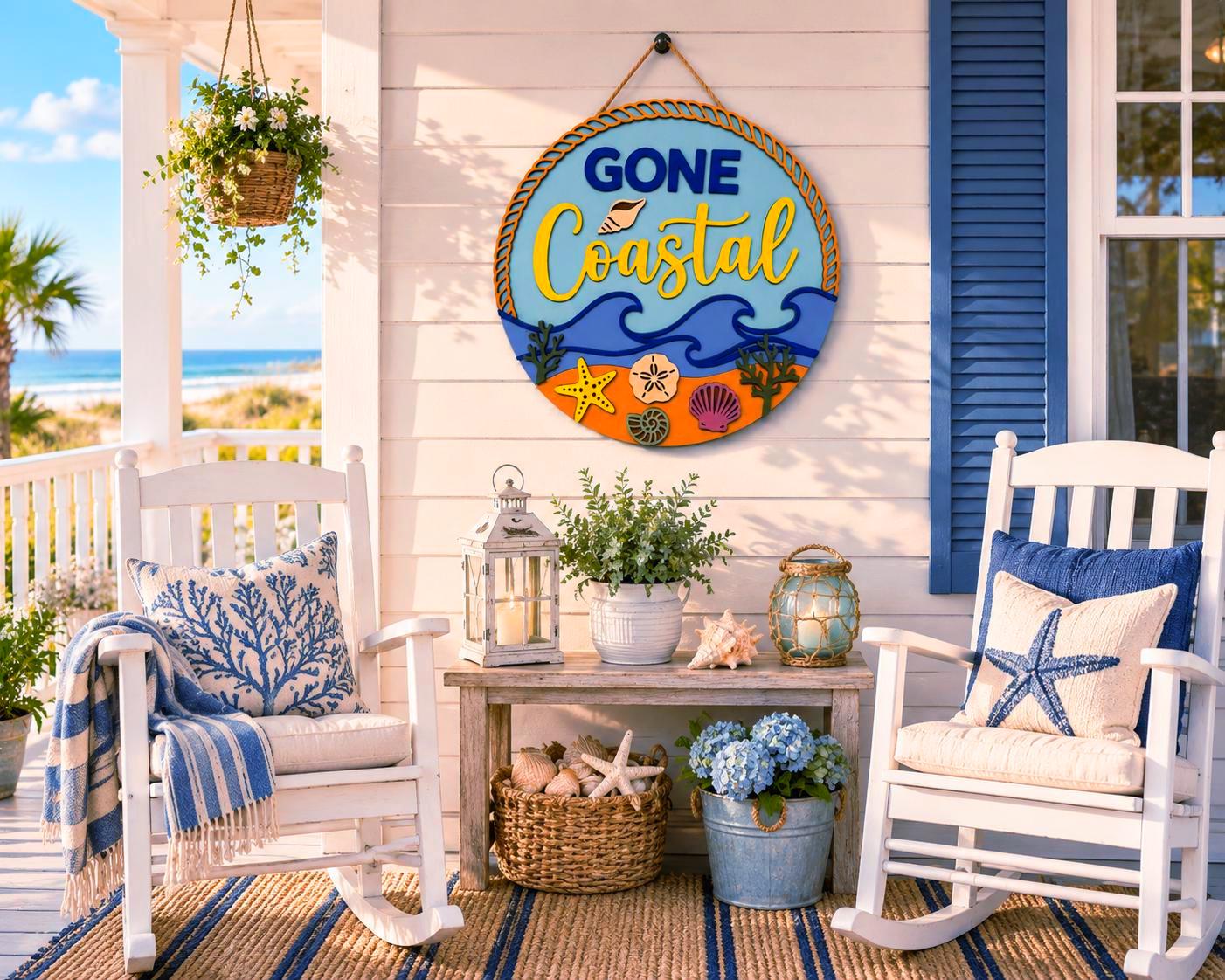 Gone Coastal Layered Wood Beach Sign | Coastal Wall Decor | Beach House Door Hanger | Nautical Summer Decor Handmade 3D Wood Decor