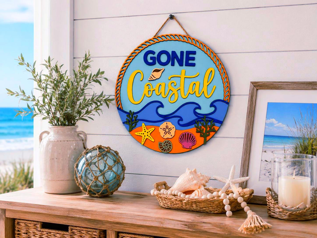 Gone Coastal Layered Wood Beach Sign | Coastal Wall Decor | Beach House Door Hanger | Nautical Summer Decor Handmade 3D Wood Decor