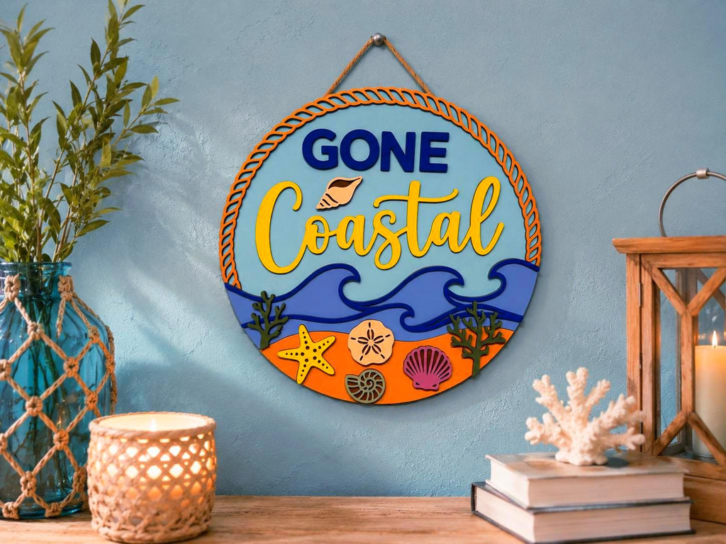 Gone Coastal Layered Wood Beach Sign | Coastal Wall Decor | Beach House Door Hanger | Nautical Summer Decor Handmade 3D Wood Decor