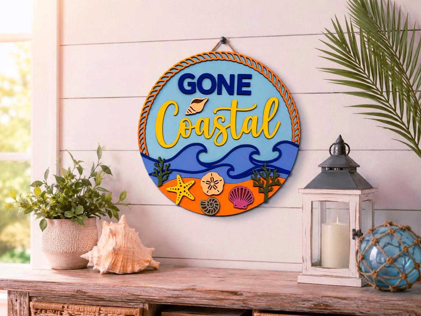 Gone Coastal Layered Wood Beach Sign | Coastal Wall Decor | Beach House Door Hanger | Nautical Summer Decor Handmade 3D Wood Decor