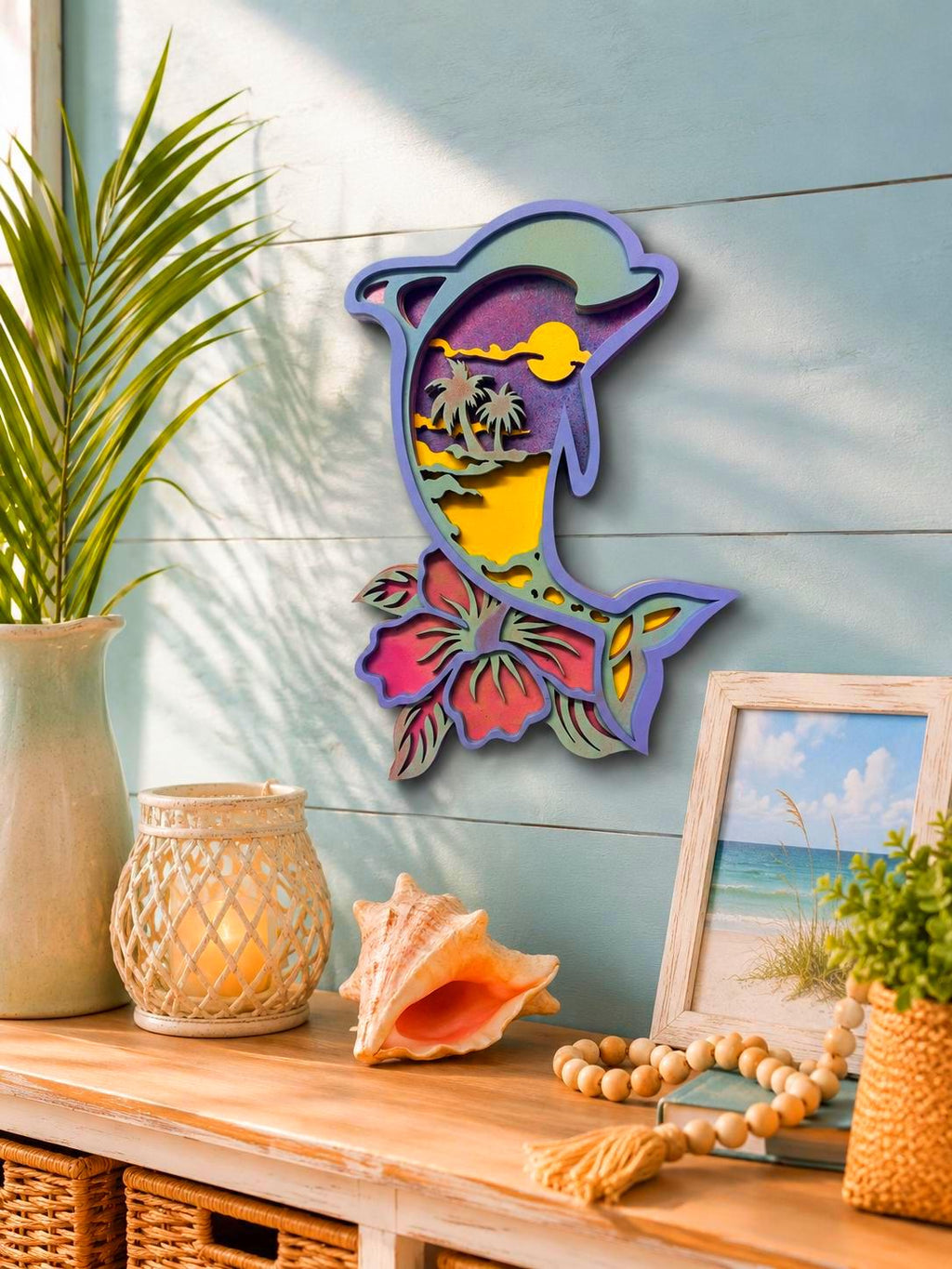 Island Sunset Dolphin | Layered Tropical Coastal Wood Wall Art | Handmade Beach House Decor Handmade 3D Wood Decor