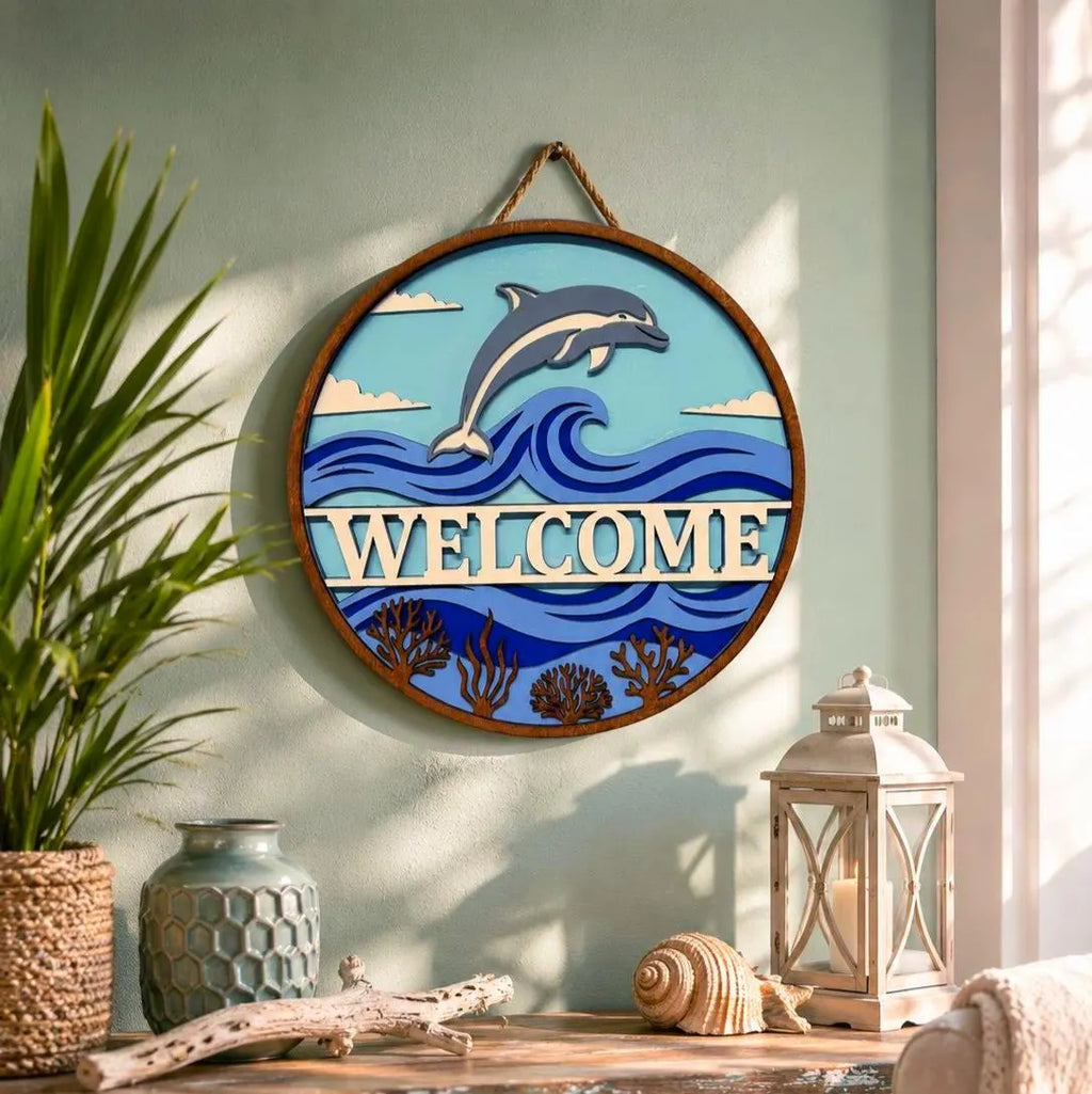 Dolphin Welcome Sign – Layered Coastal Ocean Door Hanger Handmade 3D Wood Decor