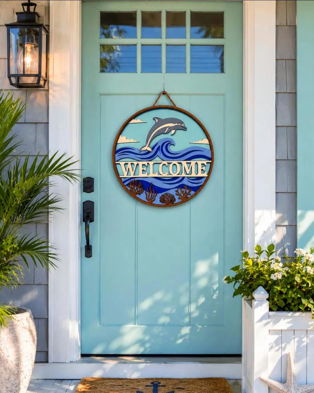 Dolphin Welcome Sign – Layered Coastal Ocean Door Hanger Handmade 3D Wood Decor