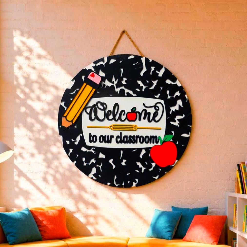 Welcome to Our Classroom Sign | Layered Wood Teacher Door Hanger