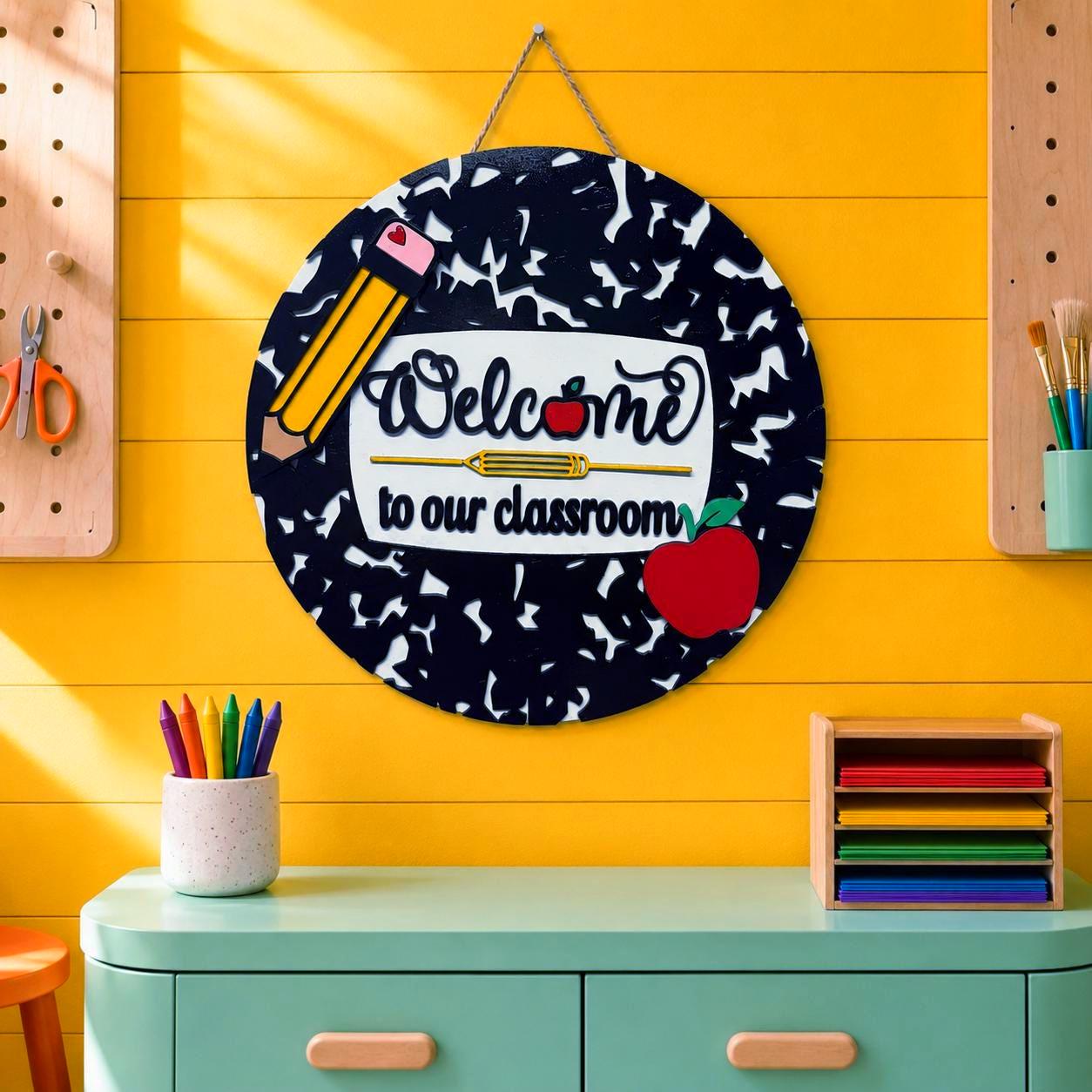Welcome to Our Classroom Sign | Layered Wood Teacher Door Hanger