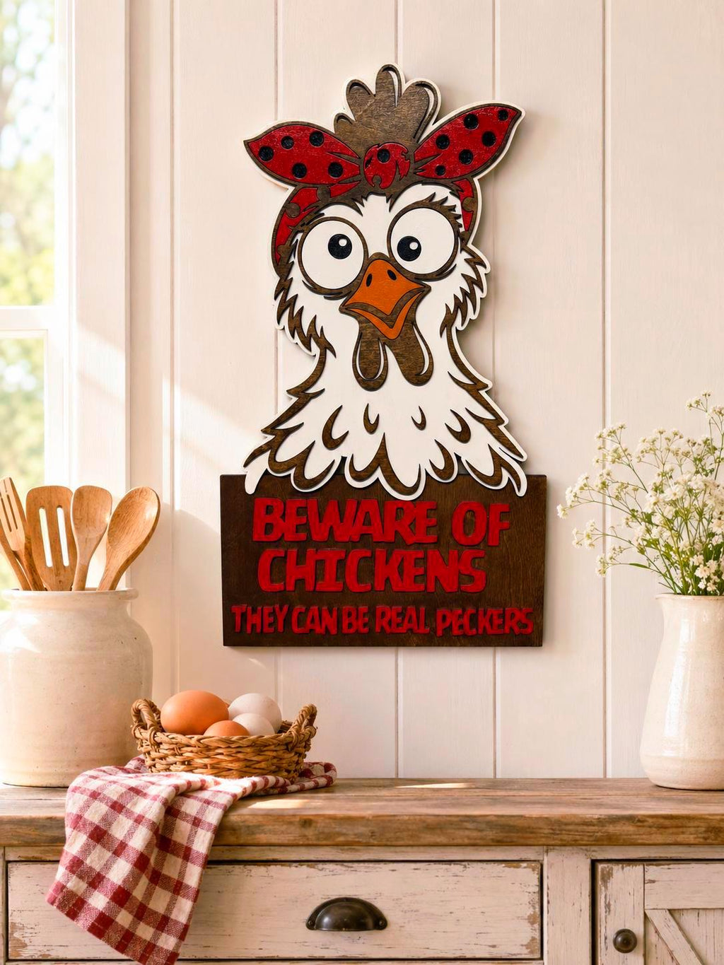 Beware of Chickens Funny Layered Wood Sign Handmade 3D Wood Decor
