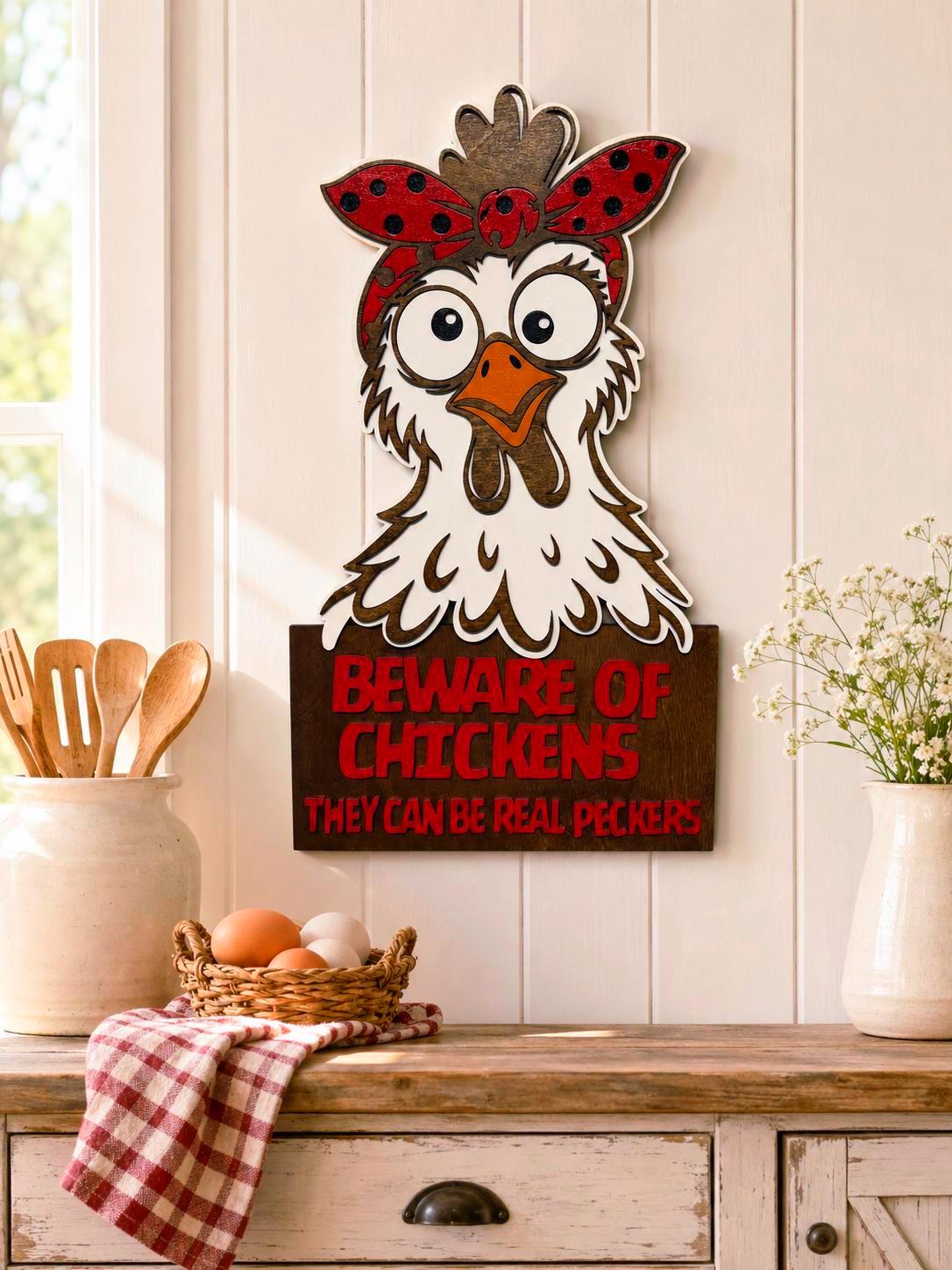 Beware of Chickens Funny Layered Wood Sign Handmade 3D Wood Decor