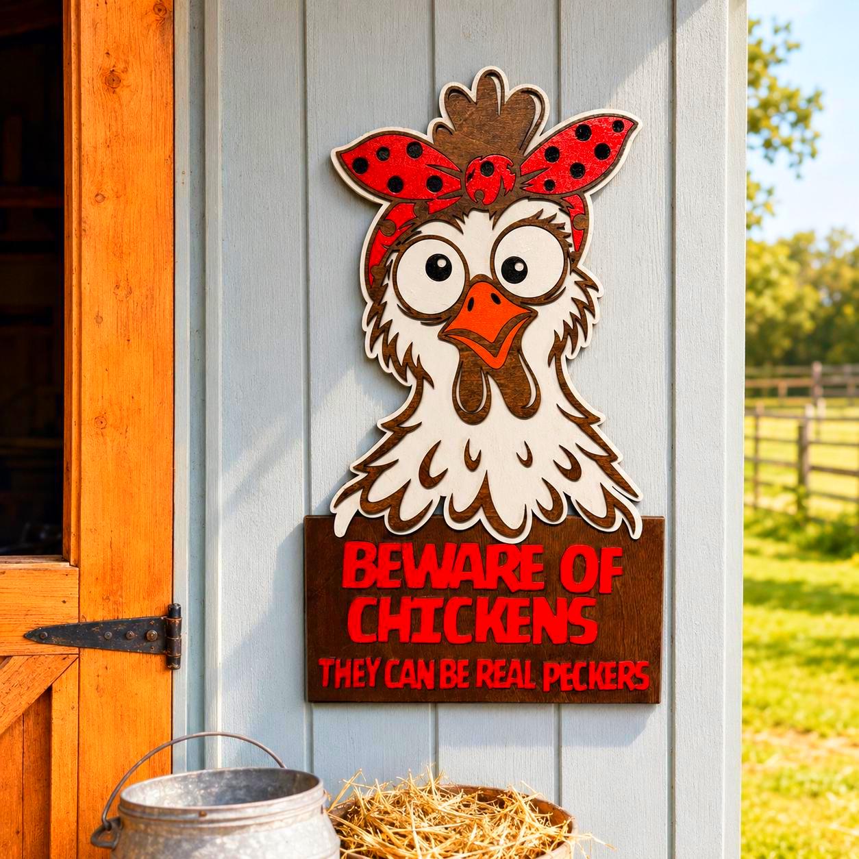 Beware of Chickens Funny Layered Wood Sign Handmade 3D Wood Decor