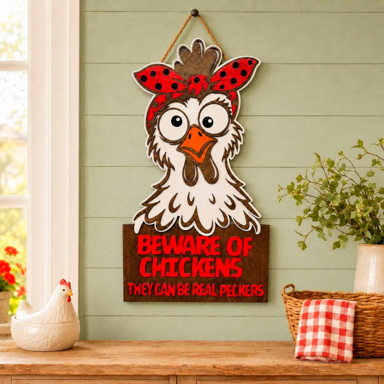 Beware of Chickens Funny Layered Wood Sign Handmade 3D Wood Decor