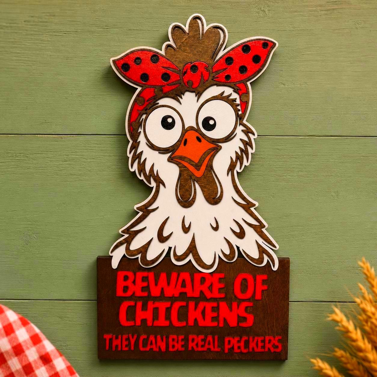 Beware of Chickens Funny Layered Wood Sign Handmade 3D Wood Decor