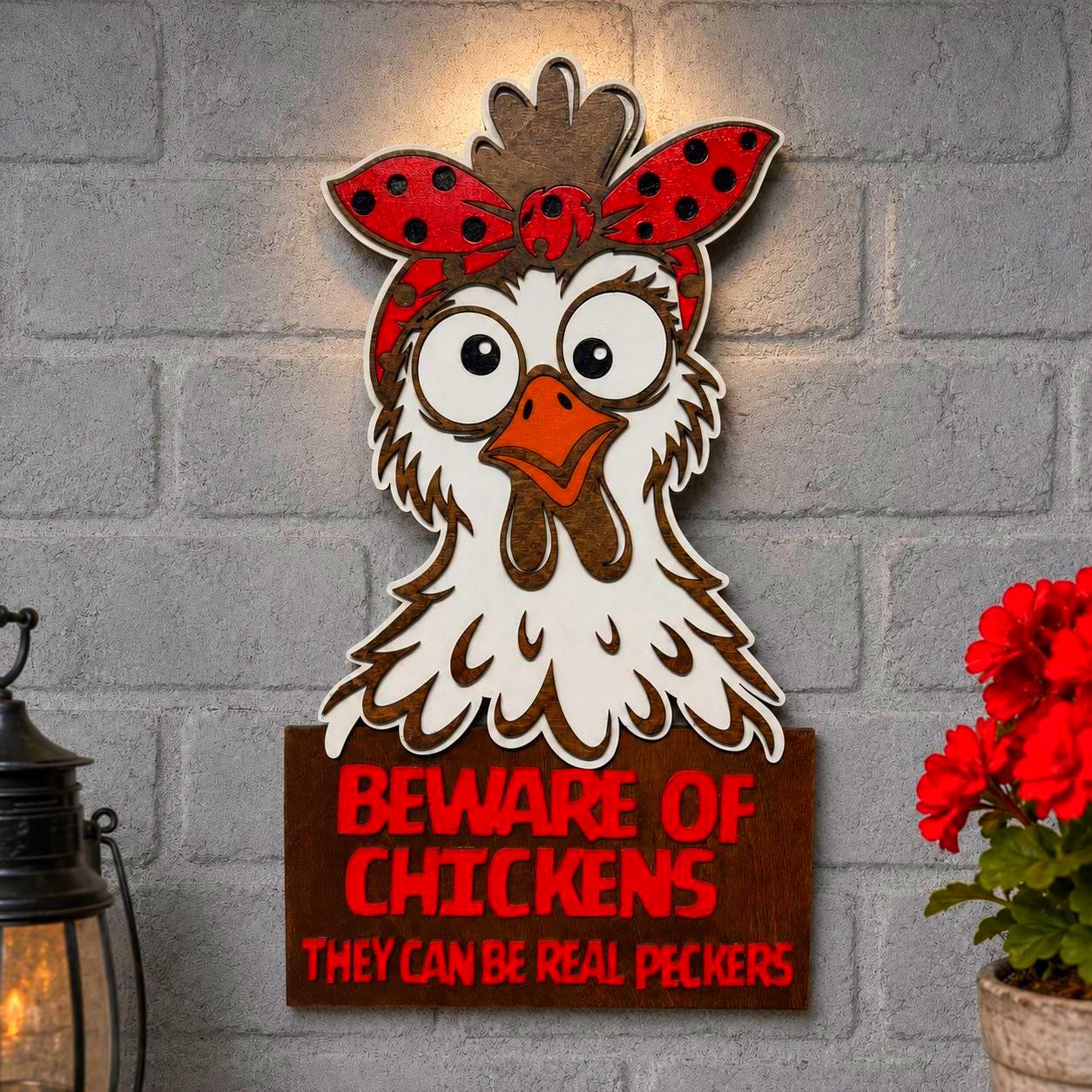 Beware of Chickens Funny Layered Wood Sign Handmade 3D Wood Decor