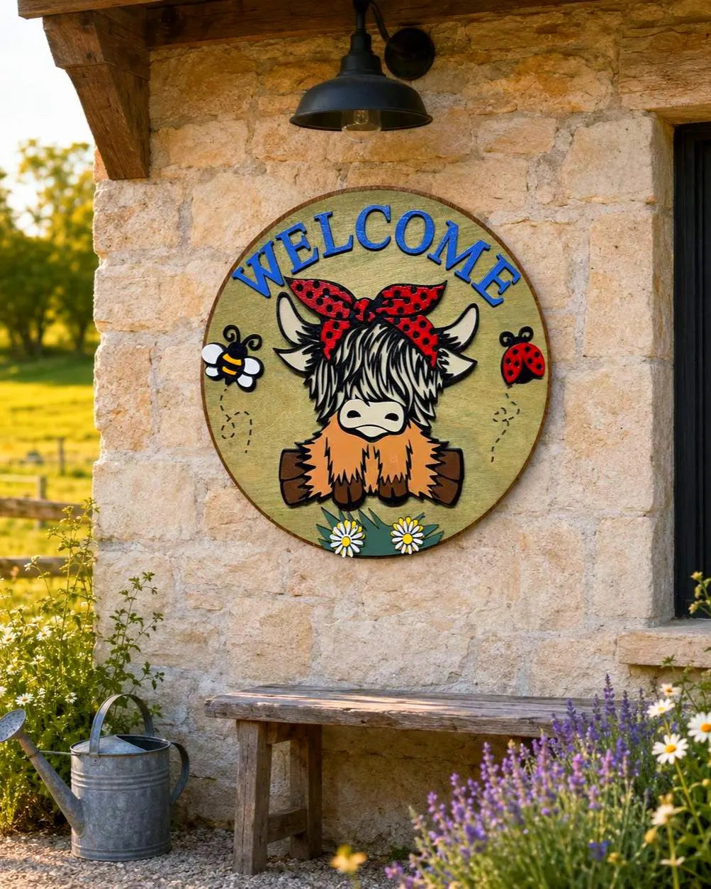 Highland Cow Welcome Sign – Layered Farmhouse Door & Wall Decor