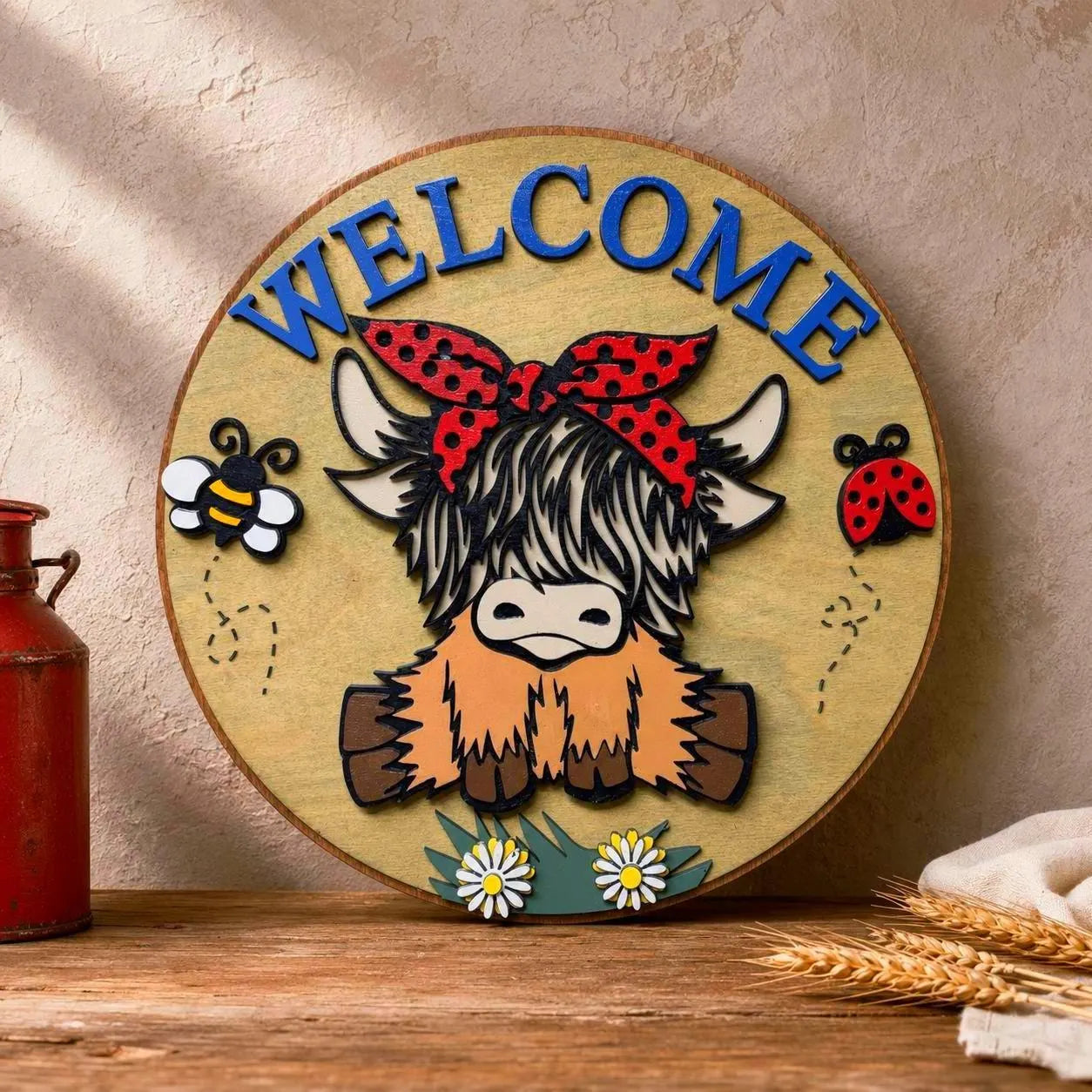 Highland Cow Welcome Sign – Layered Farmhouse Door & Wall Decor