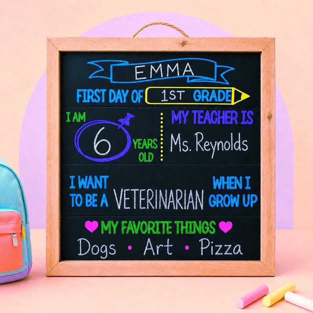 Completed Favorite Things first-day-of-school sign personalized for Emma against a peach and lavender background with chalk and a backpack.