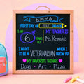 Completed Favorite Things first-day-of-school sign personalized for Emma against a peach and lavender background with chalk and a backpack.