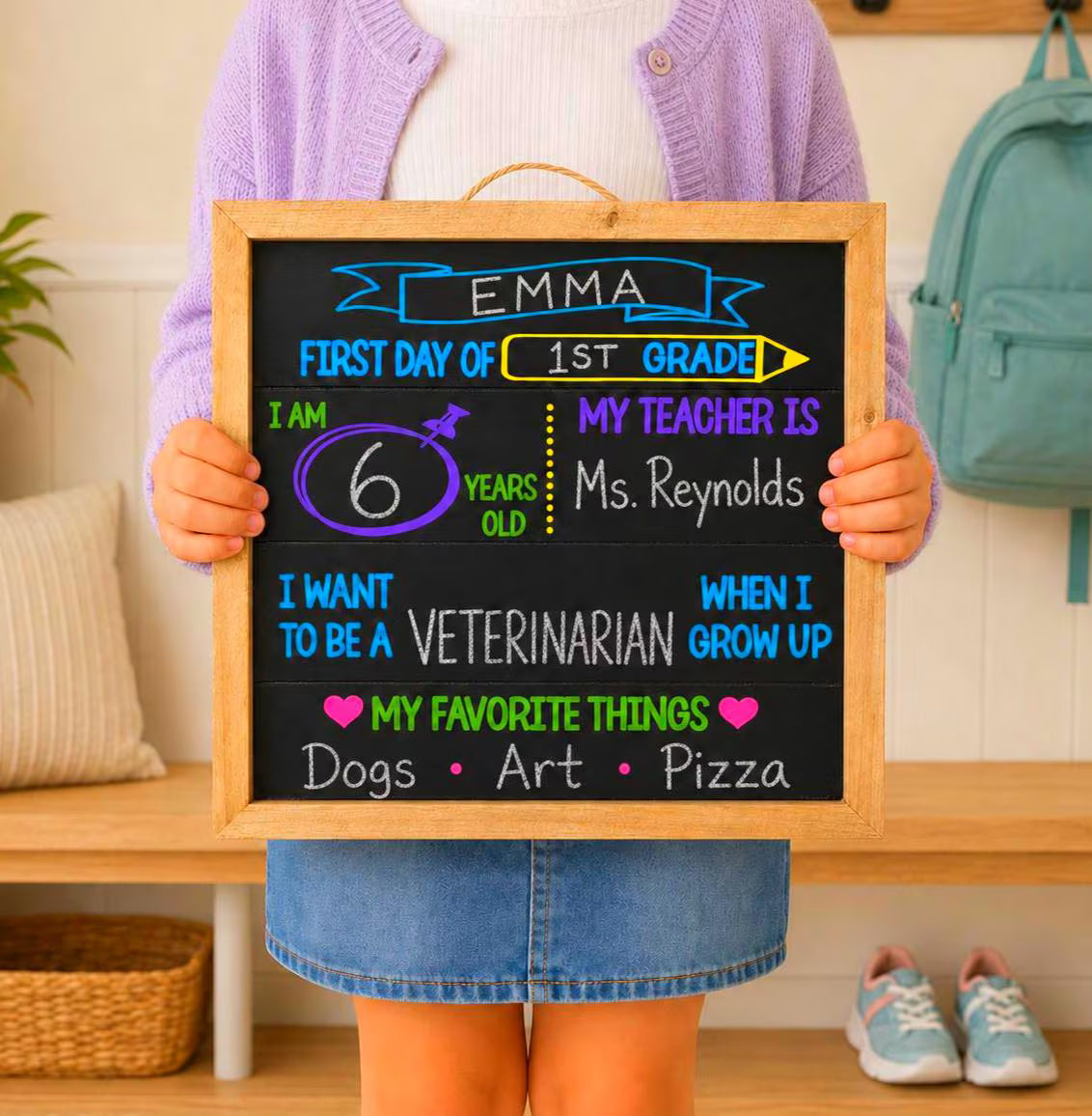Child holding a completed first-day-of-school sign personalized for Emma, age six, with teacher, career and favorite things.