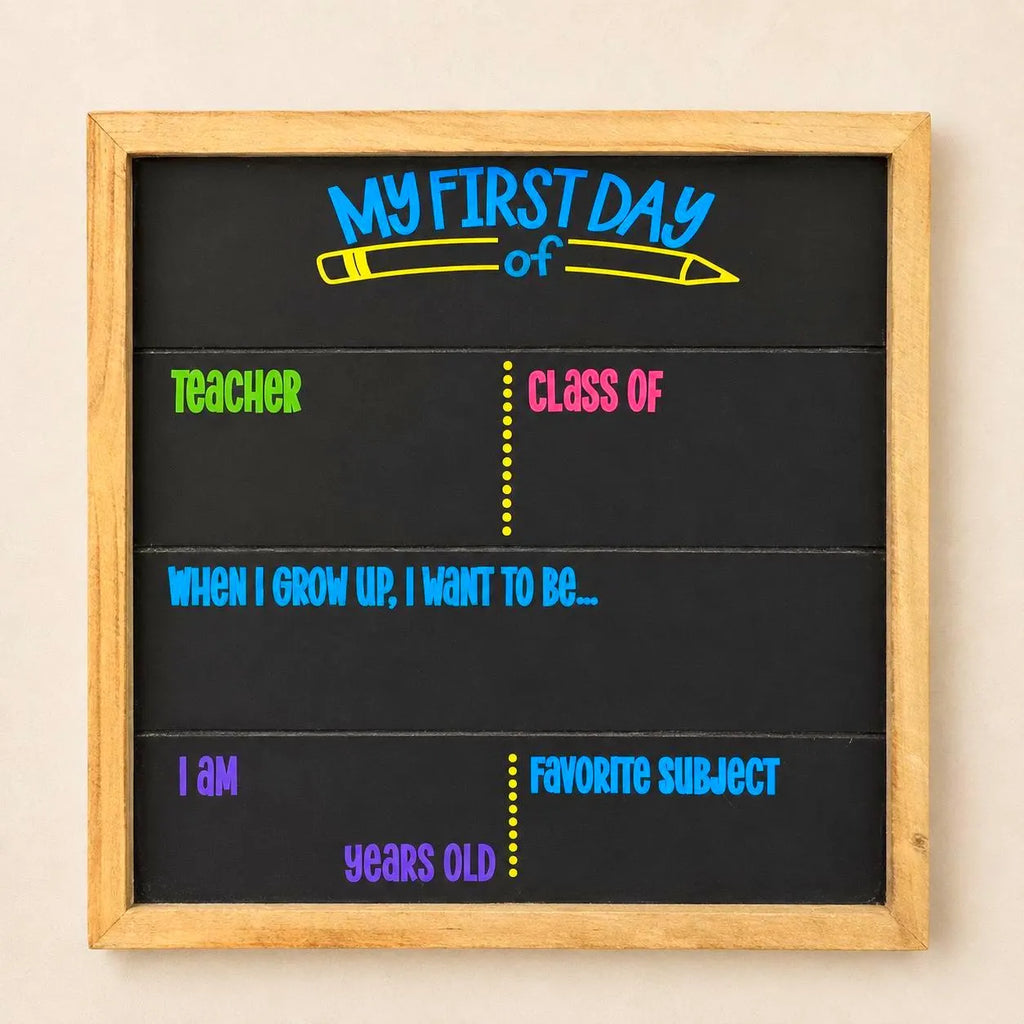 Blank reusable My First Day chalkboard sign with colorful spaces for grade, teacher, class year, age, future career and favorite subject.